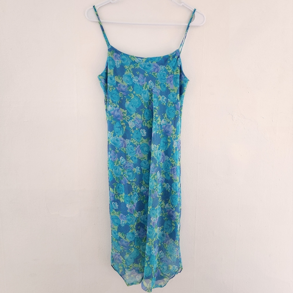 Vintage City Triangles Floral Midi Slip Dress Summer Beach Tropical Blue 9